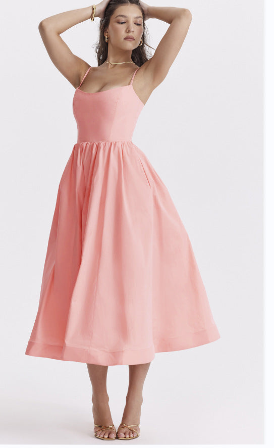 Damen elegantes Midikleid mit Spaghetti-Trägern und fließendem Rock Drune