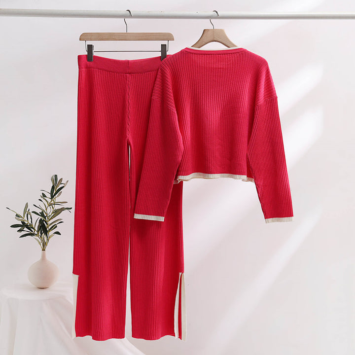 Damen lässiges Strickensemble mit hohem Bund und kontrastierenden Bündchen Drune