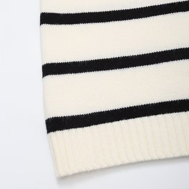 Damen Gestreifter Strickpullover mit hohem Rollkragen und halbem Reißverschluss Drune