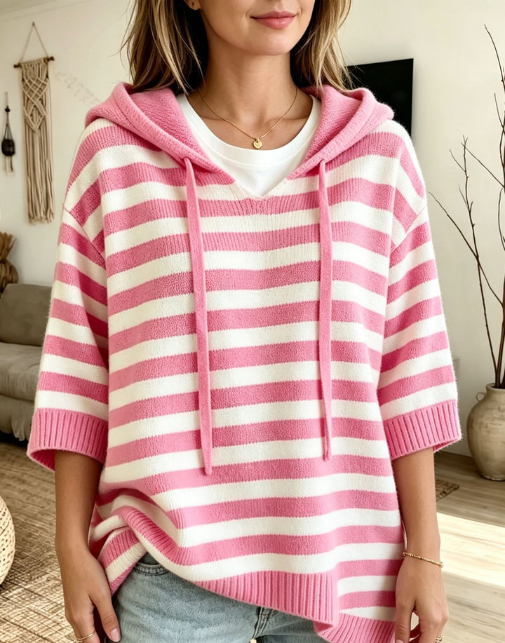 Damen Lässiger gestreifter Kapuzen-Poncho aus weichem Feinstrick mit halblangen Ärmeln Drune