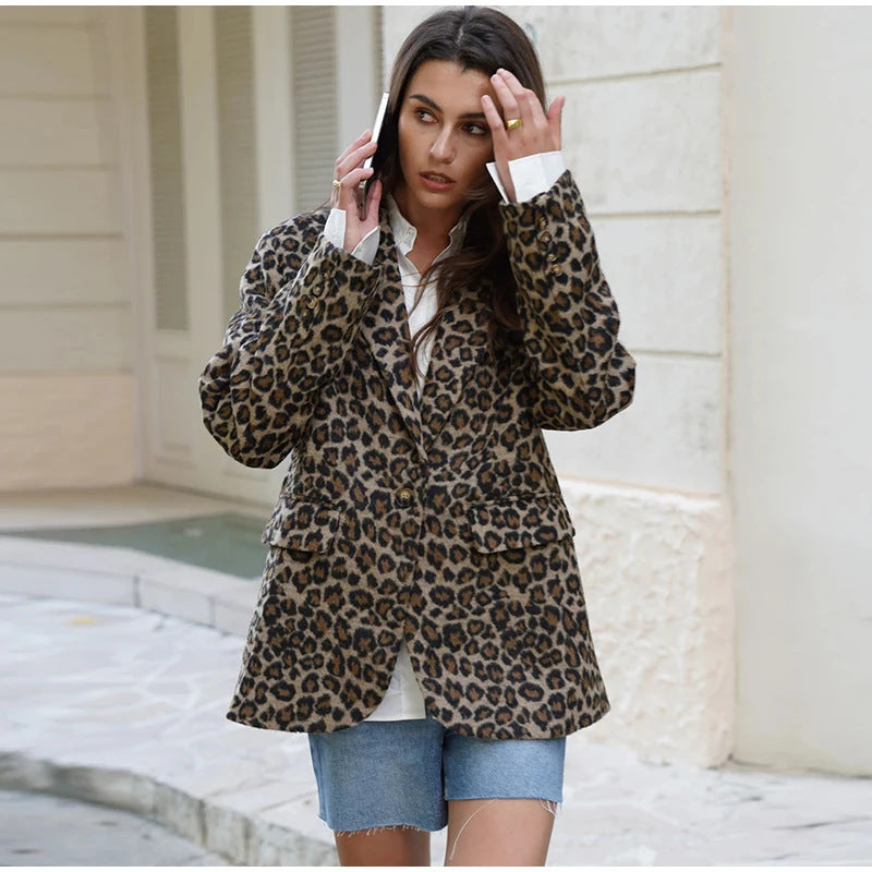 Damen Eleganter Leopardenmuster Blazer Drune