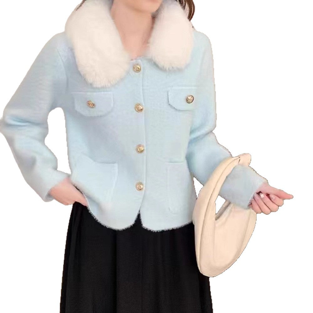 Damen Elegante Kurzjacke mit Kunstfellkragen Drune