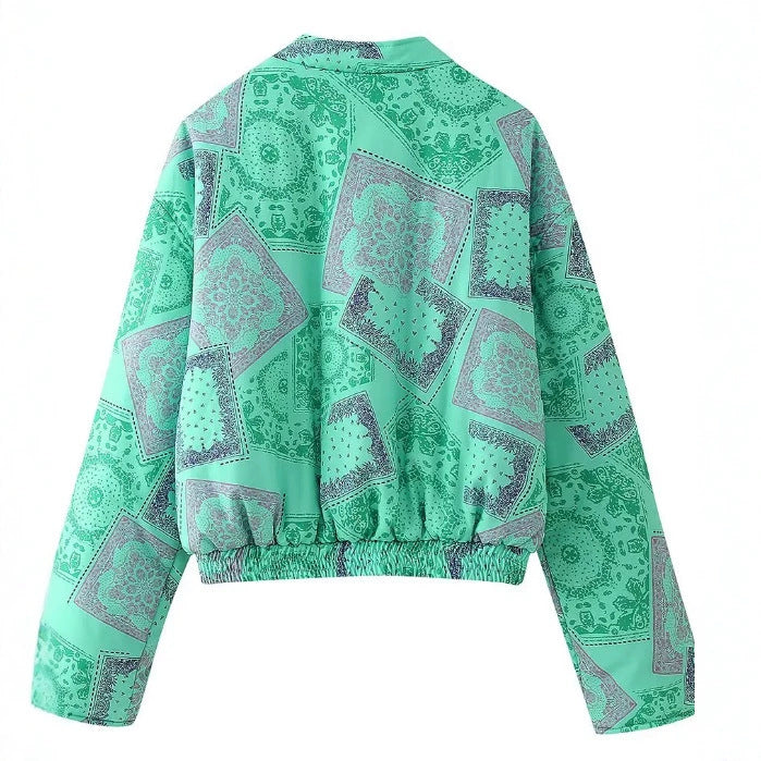 Damen Cropped Bomberjacke mit Bandana‑Print und gesteppter Optik Drune