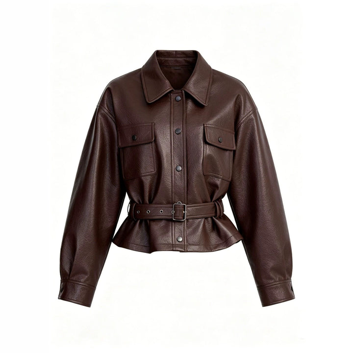 Damen Modische Lederjacke mit Gürtel Drune