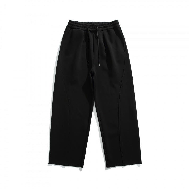 Unisex Weite Baumwoll-Fleece-Jogginghose mit Tunnelzug, Dekorativen Vordernähten und Raw-Saum Drune
