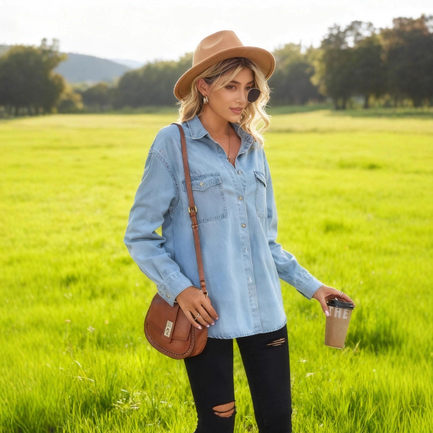 Damen Lässige Denim-Hemdbluse mit praktischen Brusttaschen Drune