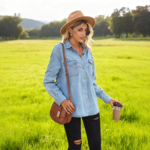 Damen Lässige Denim-Hemdbluse mit praktischen Brusttaschen Drune