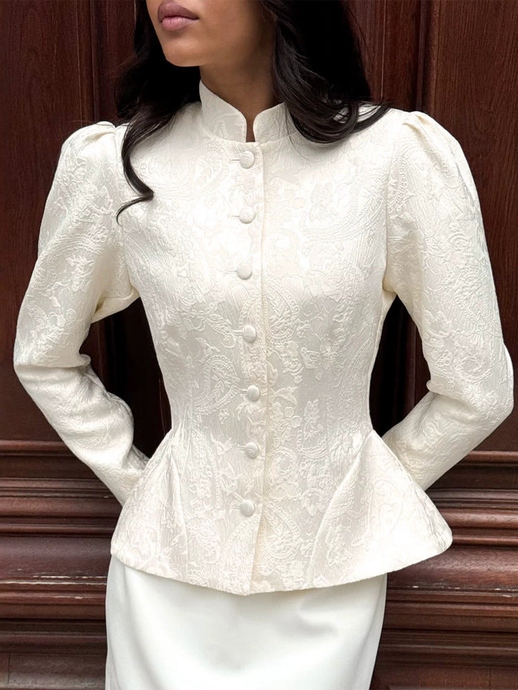 Damen taillierte Jacquard‑Bluse mit Stehkragen und dekorativer Knopfleiste Drune
