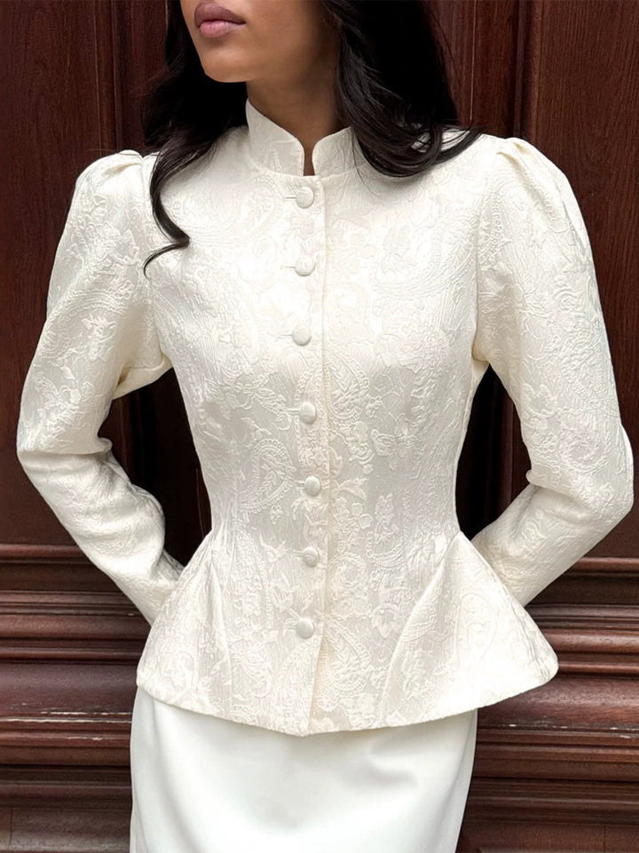 Damen taillierte Jacquard‑Bluse mit Stehkragen und dekorativer Knopfleiste Drune
