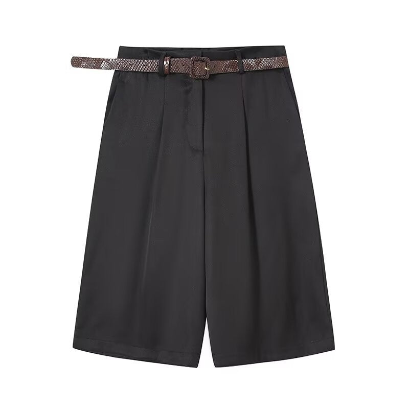 Damen elegante Hochwasser-Shorts mit geflochtenem Gürtel Drune