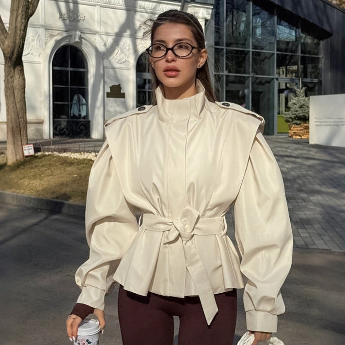 Damen elegante Utility-Jacke mit hochgeschlossenem Kragen und Taillengürtel Drune
