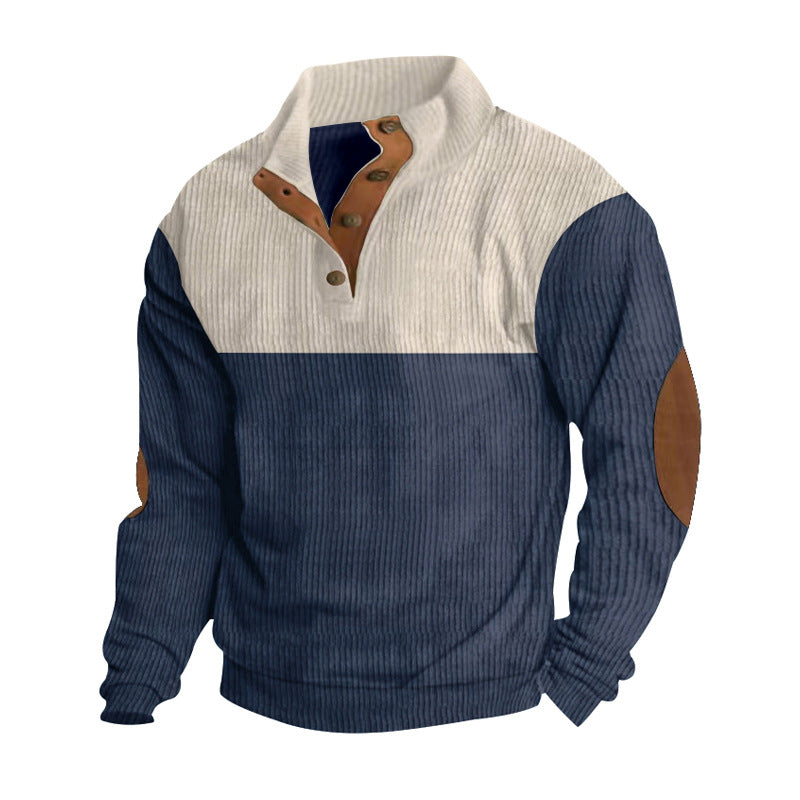 Herren nan strukturiertes Henley-Sweatshirt mit Stehkragen, Knopfleiste und Leder-Ellenbogenpatches Drune