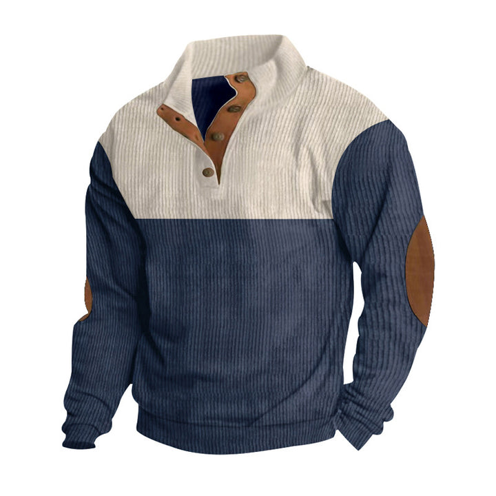 Herren nan strukturiertes Henley-Sweatshirt mit Stehkragen, Knopfleiste und Leder-Ellenbogenpatches Drune