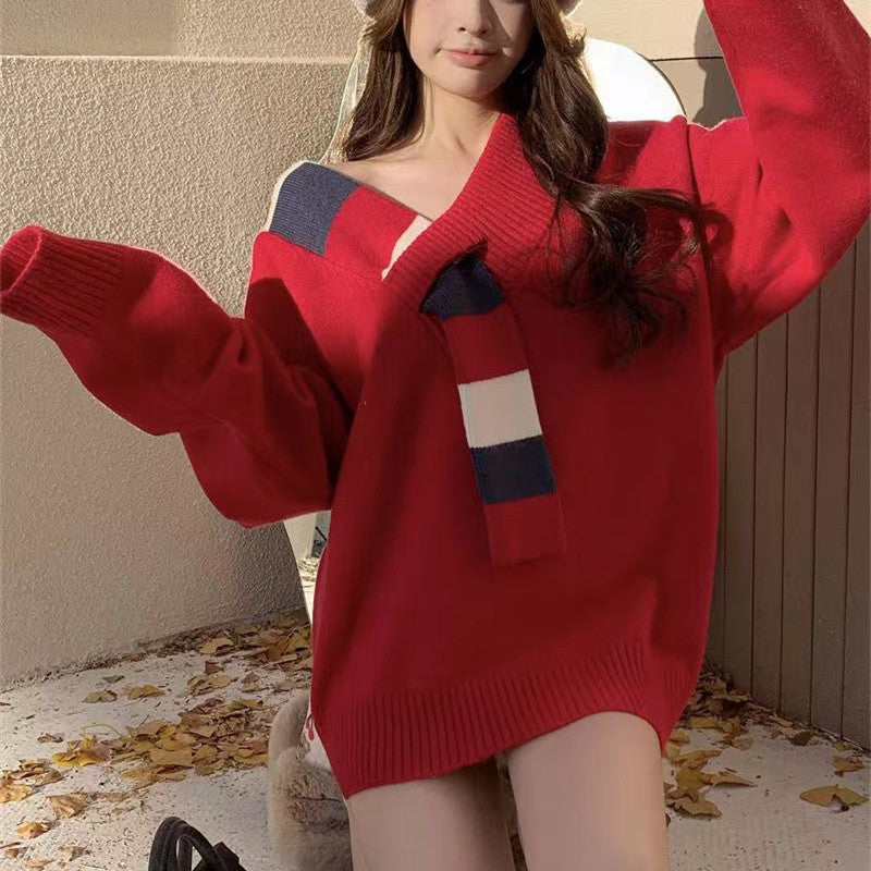 Damen lässiger Pullover mit strukturiertem V-Ausschnitt und oversized Schnitt Drune