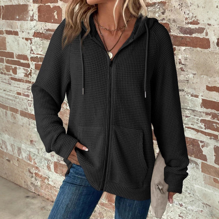 Damen Waffelstrick-Kapuzenjacke mit Reißverschluss, Kängurutaschen und entspannter Silhouette Drune