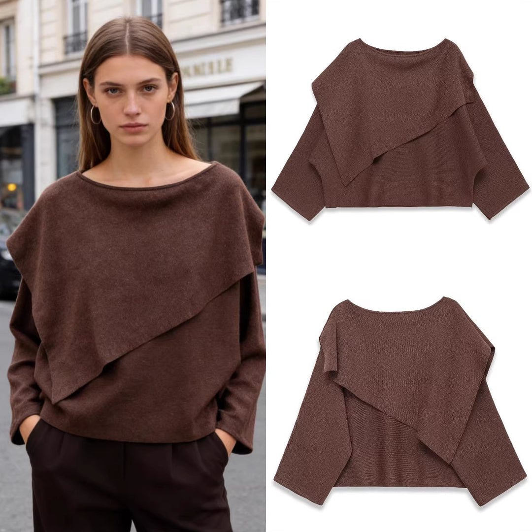 Damen Oversized Strickponcho mit asymmetrischem Volantkrragen Drune