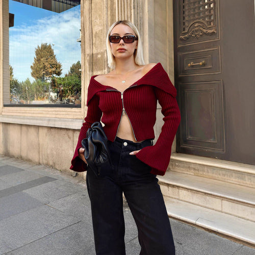 Damen modischer Off-Shoulder Pullover mit Reißverschluss Drune