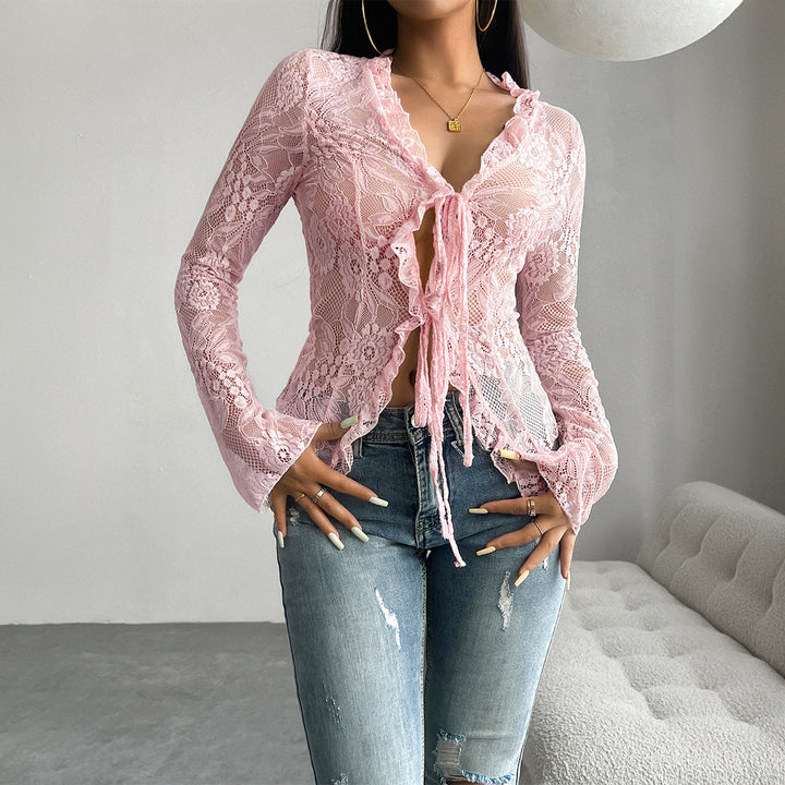 Damen Spitzenbluse mit Rüschendetails und tailliertem Schnitt Drune