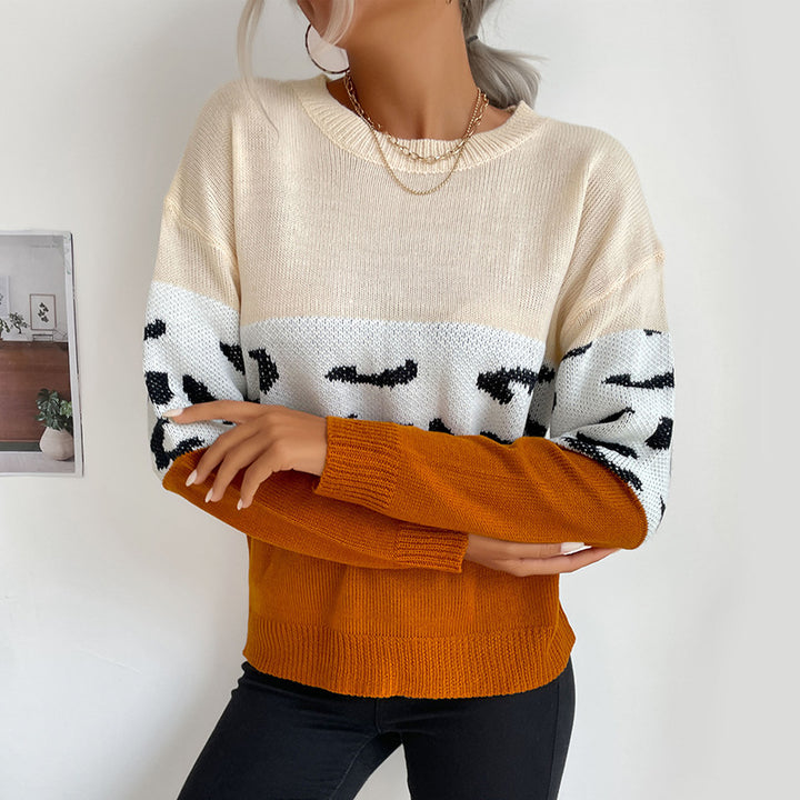 Damen Colorblock Strickpullover mit Leopardenmuster, Rundhals und lässiger Passform Drune