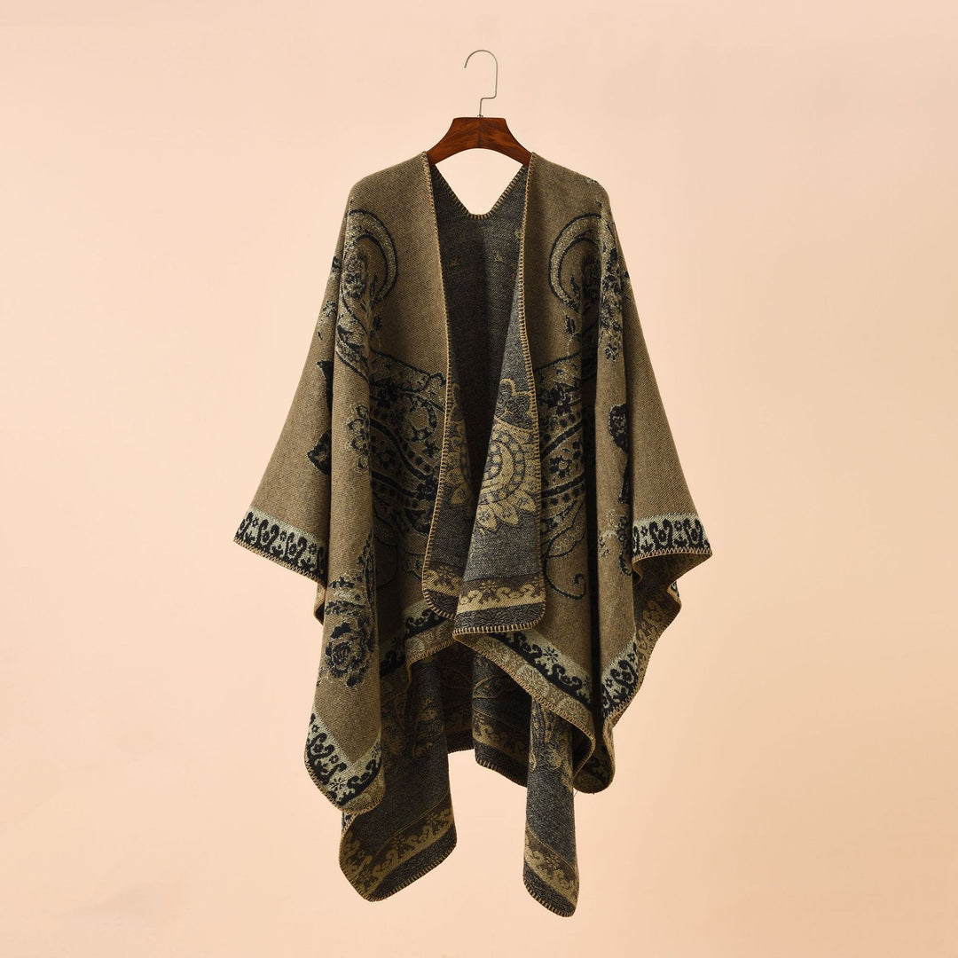 Damen Oversize Strickponcho mit Paisley-Muster und offenem Fall Drune