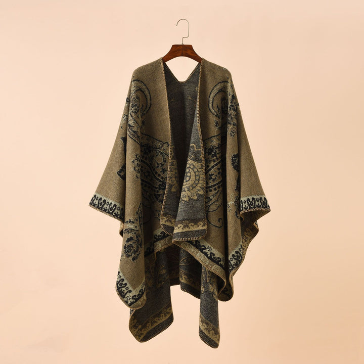 Damen Oversize Strickponcho mit Paisley-Muster und offenem Fall Drune