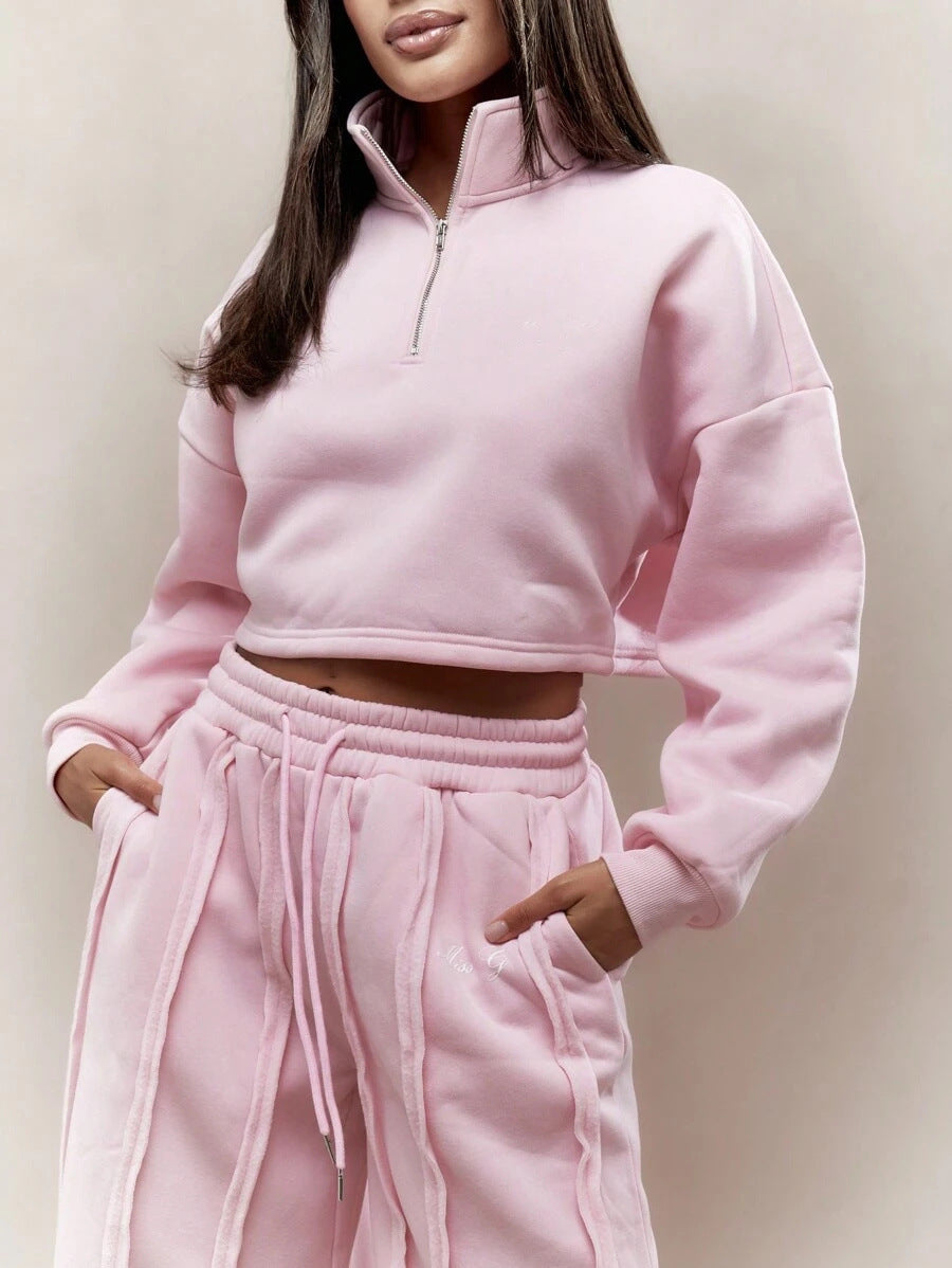 Damen Crop-Halbzip-Sweatshirt und High-Waist Wide-Leg Loungehose Set mit sichtbaren Naht-Details Drune