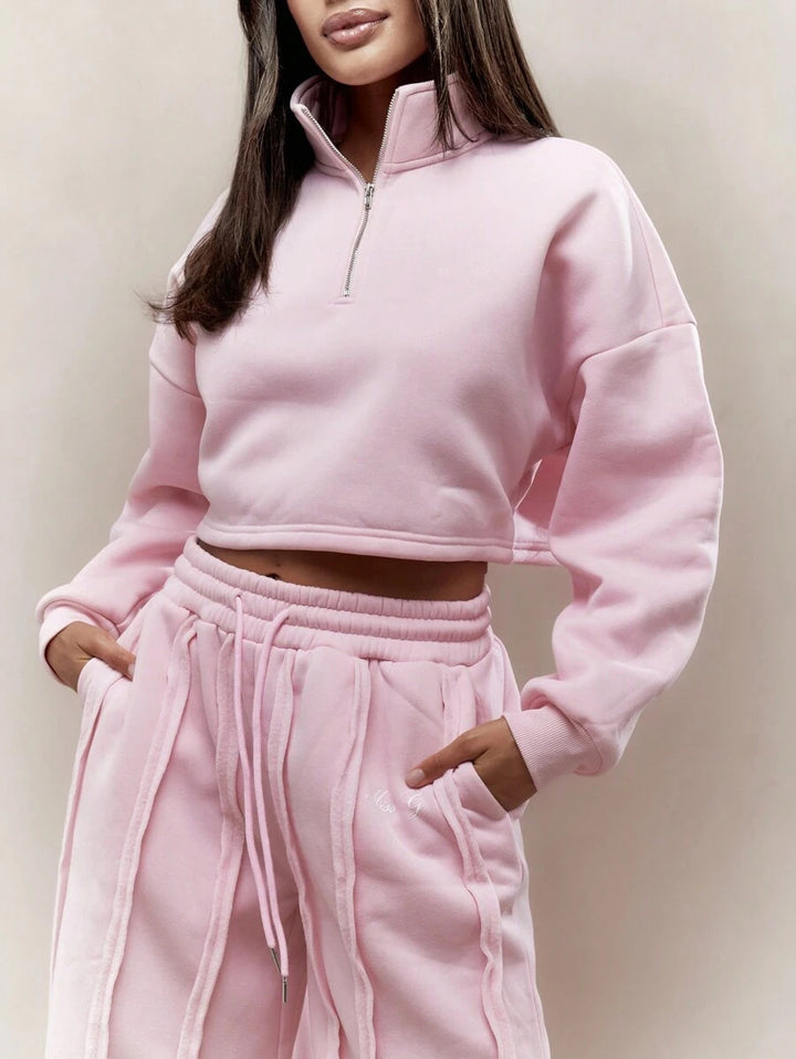 Damen Crop-Halbzip-Sweatshirt und High-Waist Wide-Leg Loungehose Set mit sichtbaren Naht-Details Drune