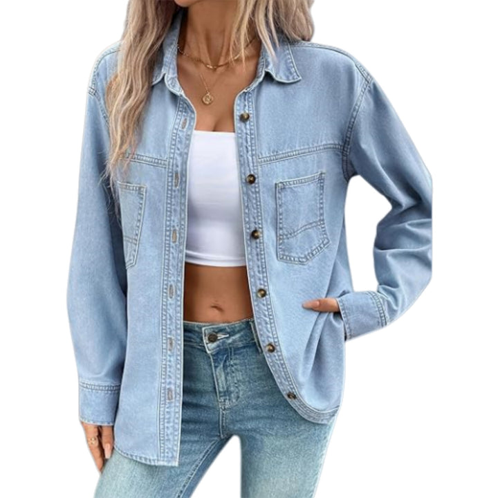 Damen Oversize Jeanshemdjacke im Washed-Look mit Brusttaschen und durchgehender Knopfleiste Drune