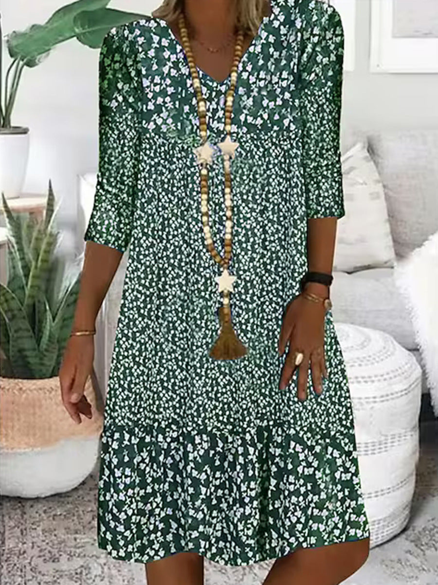 Damen Freizeit Stufen Kleid mit V-Ausschnitt und drei Viertel Ärmeln im floralen Allover-Druck Drune