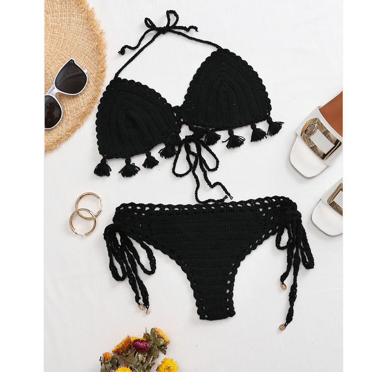 Damen Häkel-Bikini-Set mit verspielten Fransen und verstellbaren Bindebändern Drune