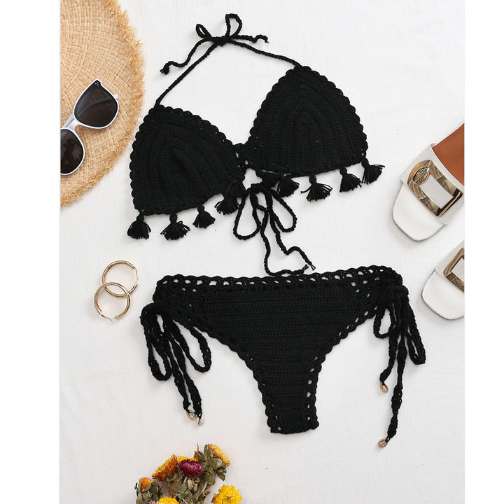 Damen Häkel-Bikini-Set mit verspielten Fransen und verstellbaren Bindebändern Drune