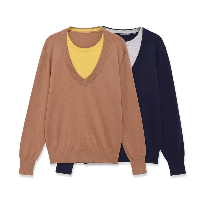 Damen Lagenpullover mit tiefem V-Ausschnitt und integriertem Rundhals-Inlay Drune