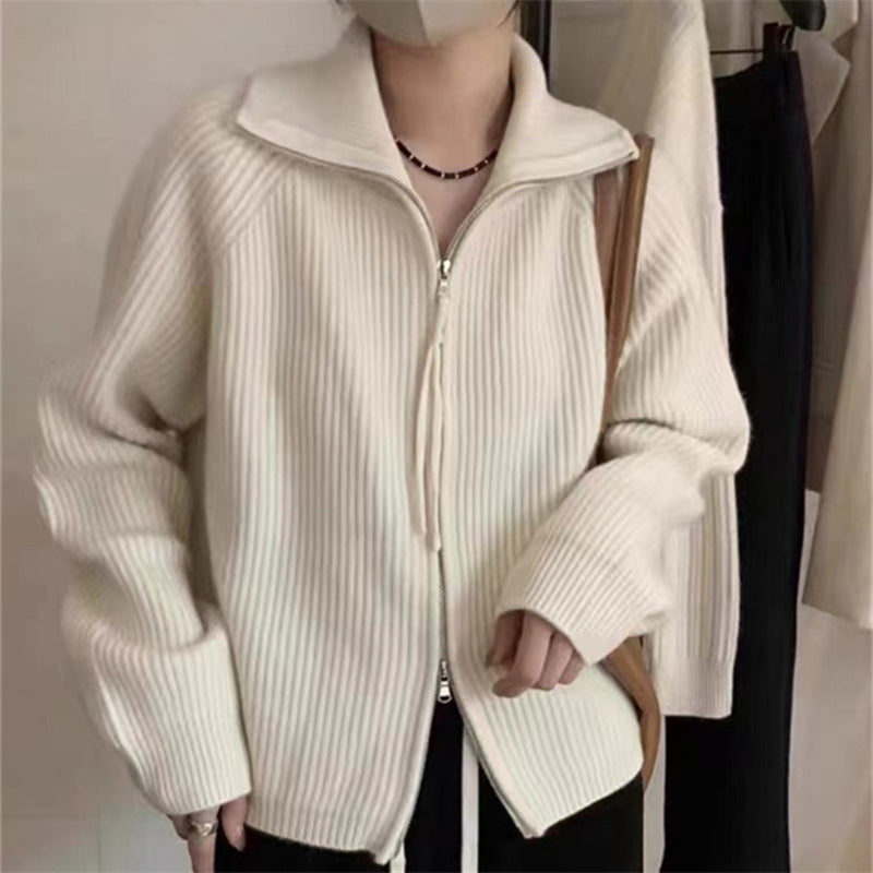 Damen lässiger Strickpullover mit halbhohem Kragen und Reißverschluss Drune
