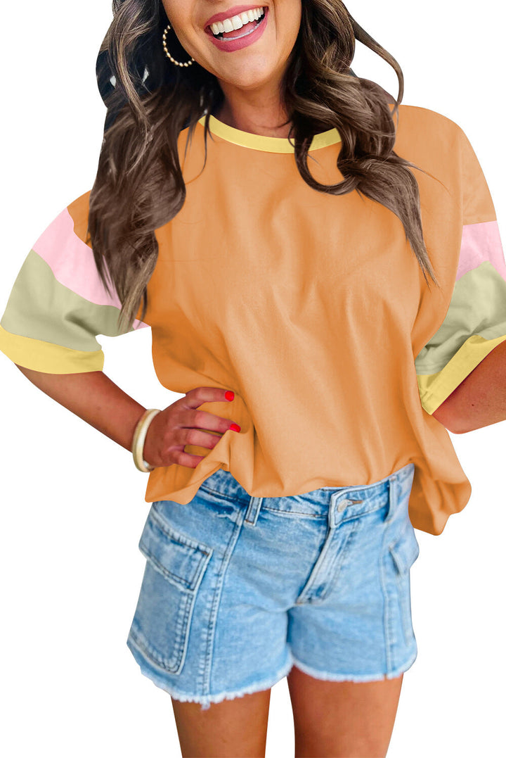 Damen lässiges T-Shirt mit farbenfrohen Ärmeln und weitem Schnitt Drune