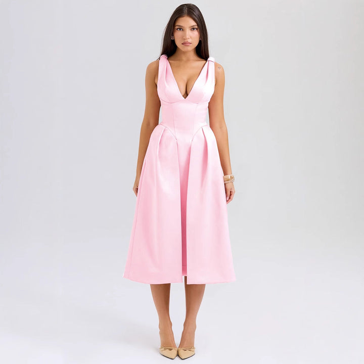 Damen Elegantes Wickelkleid mit tiefem V-Ausschnitt und schwingendem Rock Drune