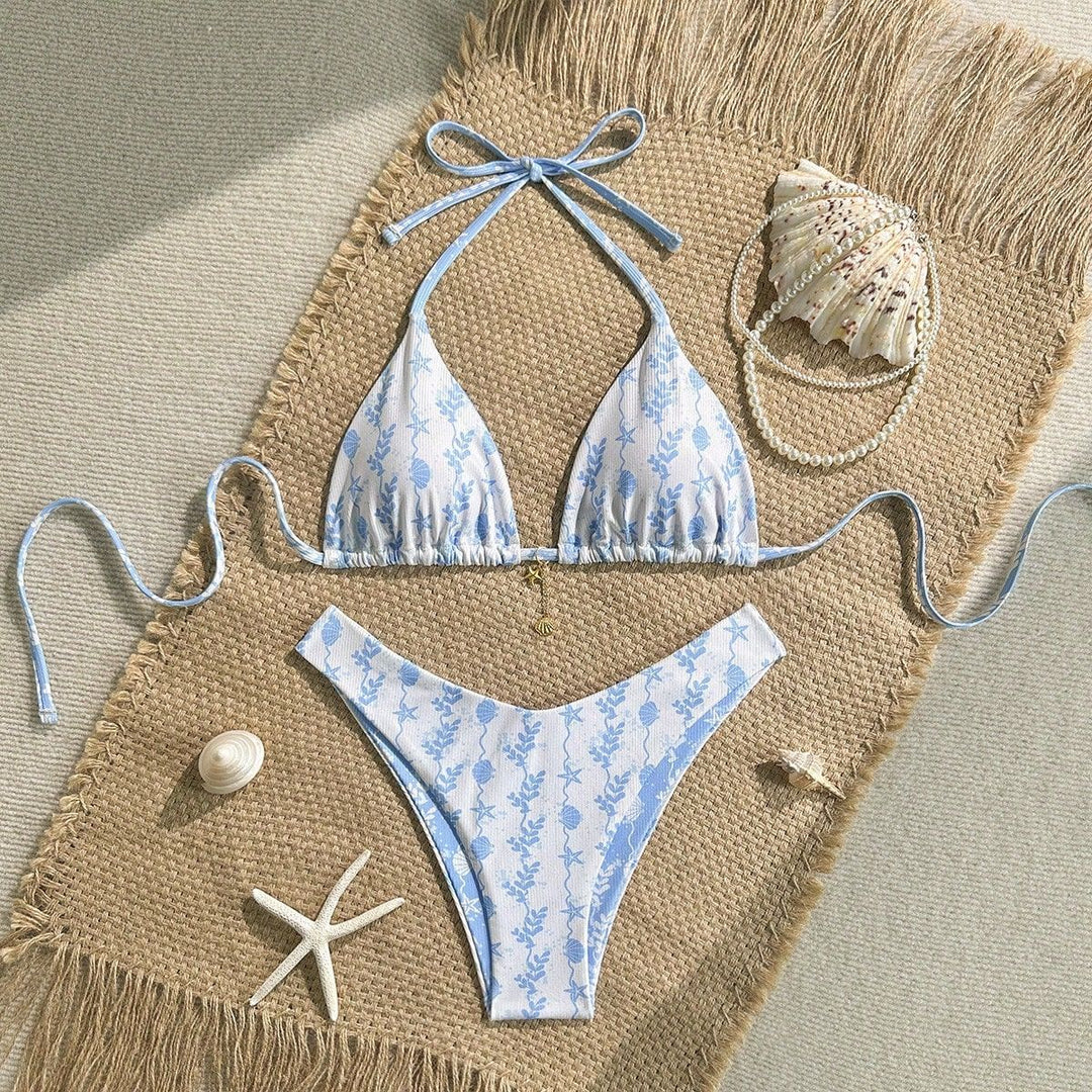 Damen Triangel-Bikini mit maritimem Muster und verstellbaren Bindebändern Drune