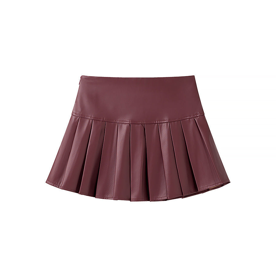Damen nan tailliertes Doppelreiher-Blazer- und Faltenmini-Set aus veganem Leder Drune