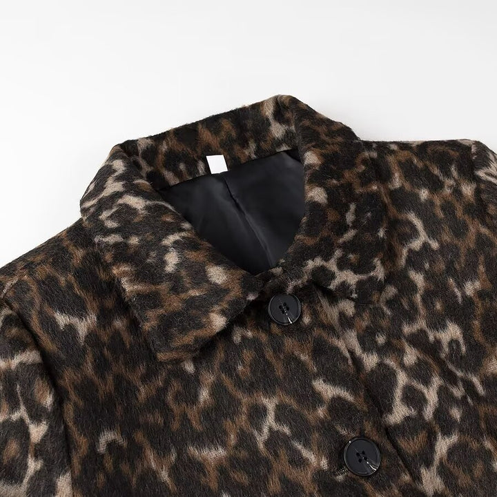 Damen nan kastige Kurzjacke mit Leopardenprint, Schalkragen und aufgesetzten Pattentaschen Drune