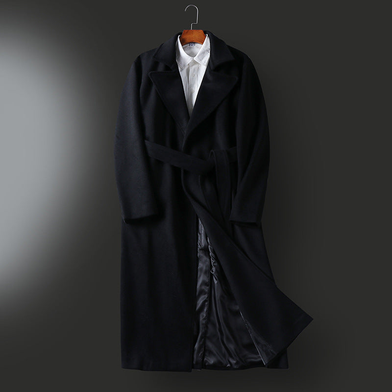 Herren Maxilanger taillierter Wollmix-Mantel mit weitem Schalkragen und Bindegürtel Drune