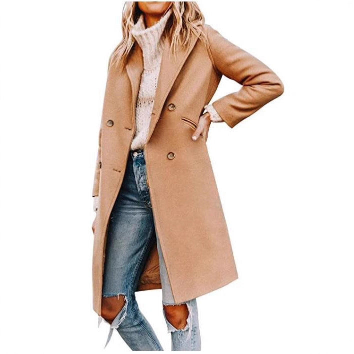 Damen eleganter, klassischer Wollmantel mit doppelter Knopfreihe und praktischen Taschen Drune