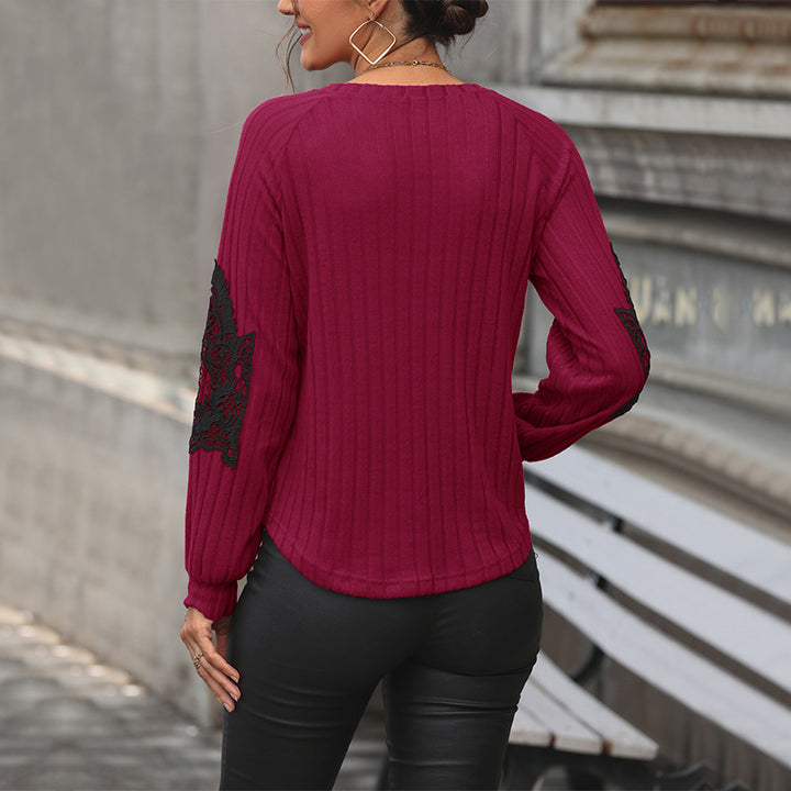 Damen Geripptes Longsleeve mit V‑Ausschnitt, Spitzen‑Einsätzen an den Ellbogen und Ballonärmeln Drune