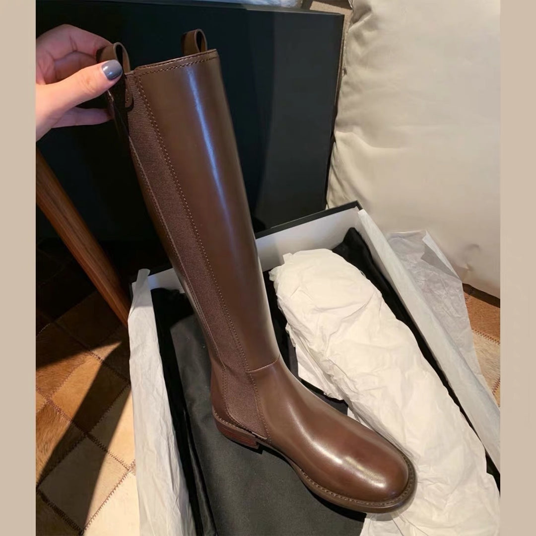 Damen kniehohe Chelsea-Stiefel aus Leder mit Elastikeinsatz Drune