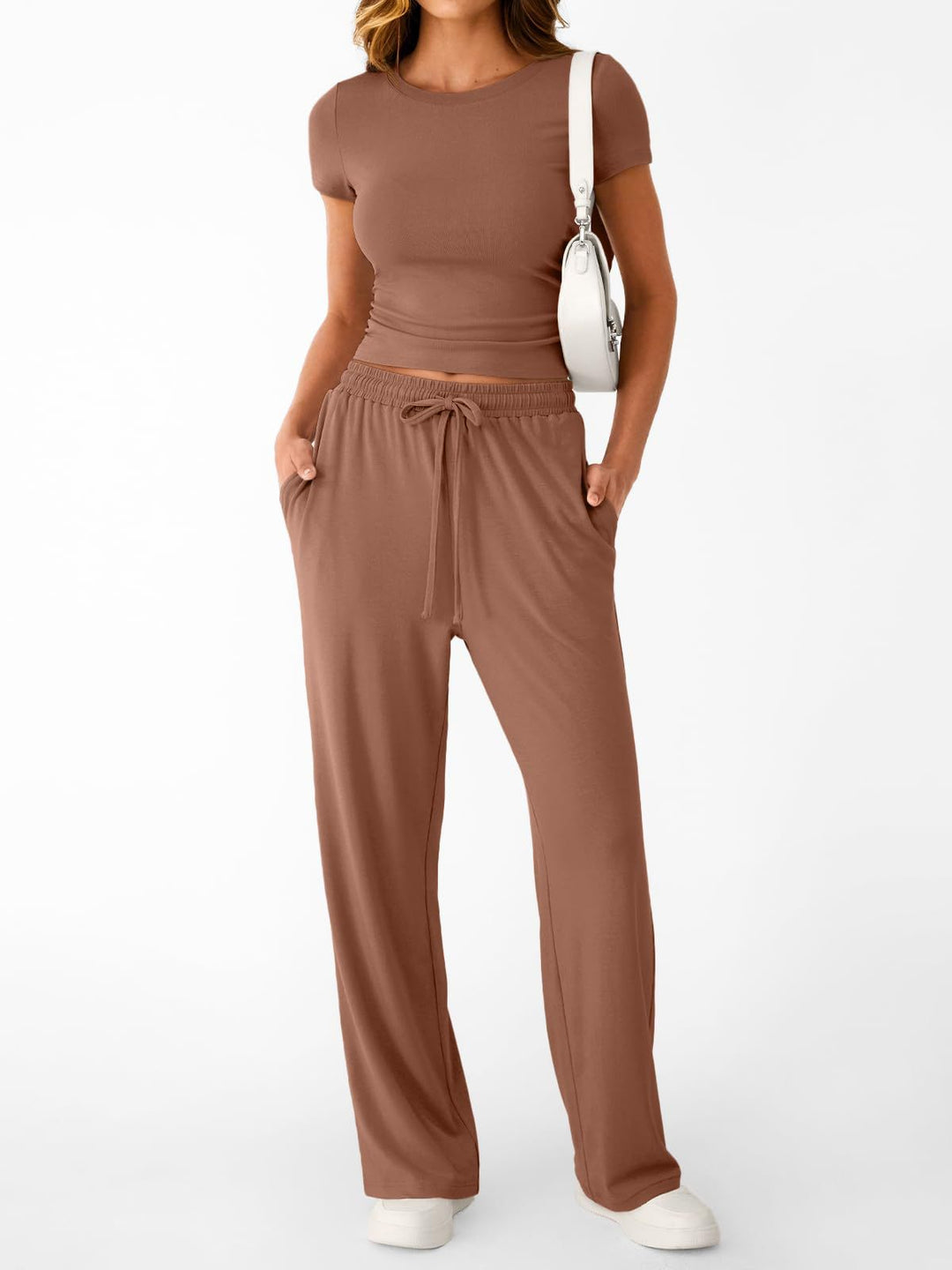 Damen lässiger Freizeitanzug mit kurzen Ärmel und weiten Hosen Drune