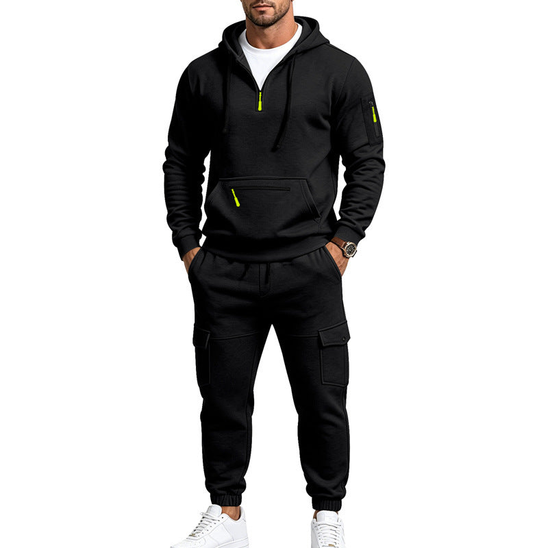 Herren Zweiteiliges Fleece-Loungewear-Set mit Halbzip-Kapuze und Cargo-Jogger Drune