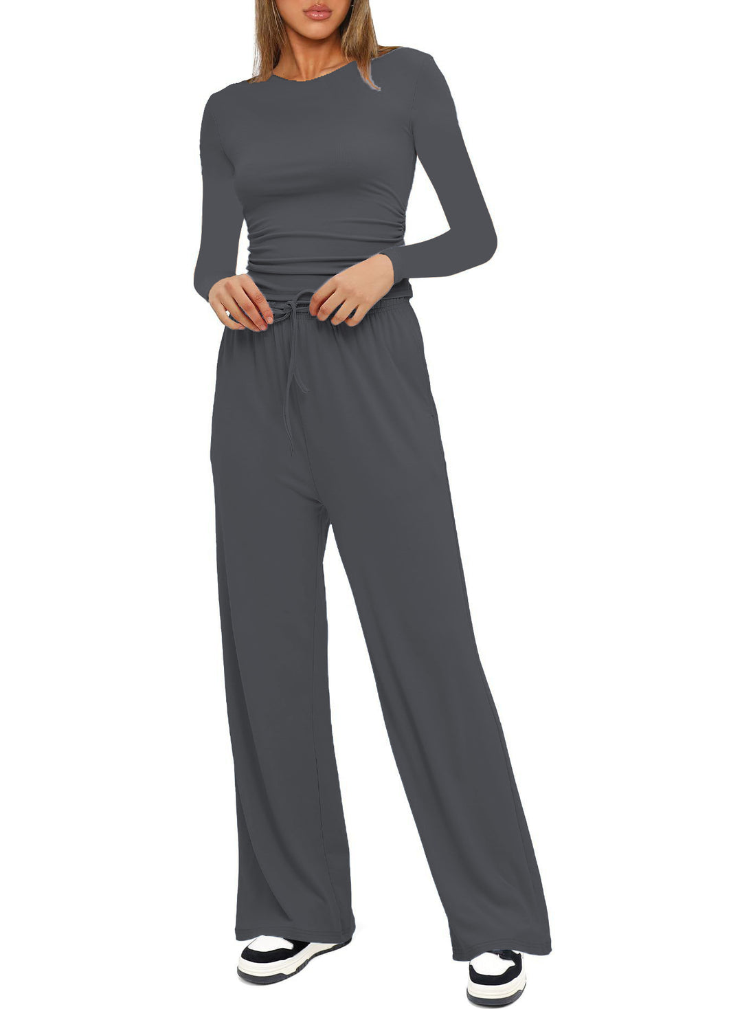 Damen Figurbetontes Longsleeve mit seitlicher Raffung und High-Waist Palazzo-Jogginghose Set Drune