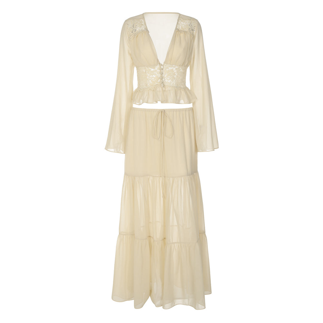 Damen Zweiteiliges Maxi-Kleid mit transparentem Oberteil und elastischem Bund Drune