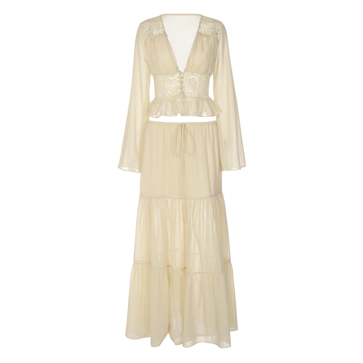 Damen Zweiteiliges Maxi-Kleid mit transparentem Oberteil und elastischem Bund Drune