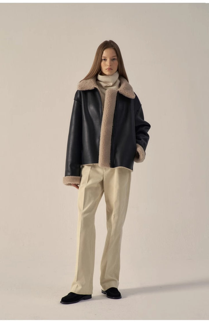 Damen elegante Lederjacke mit Teddyfutter Drune