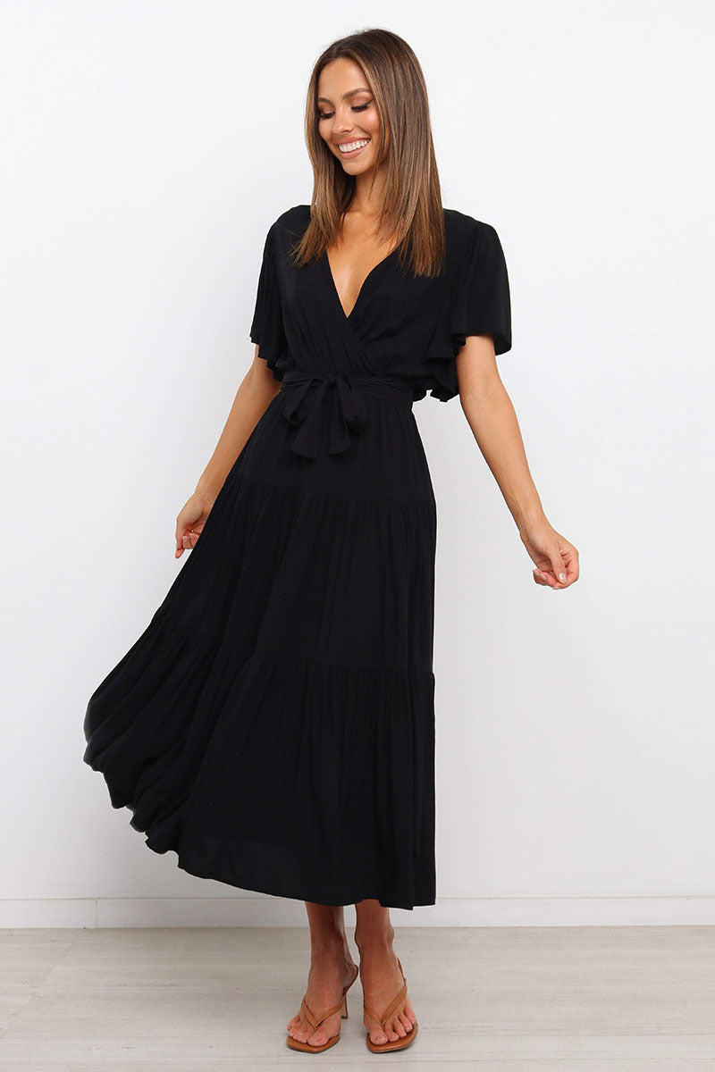 Damen Maxikleid mit tiefem V-Ausschnitt und schwingenden Ärmeln Drune