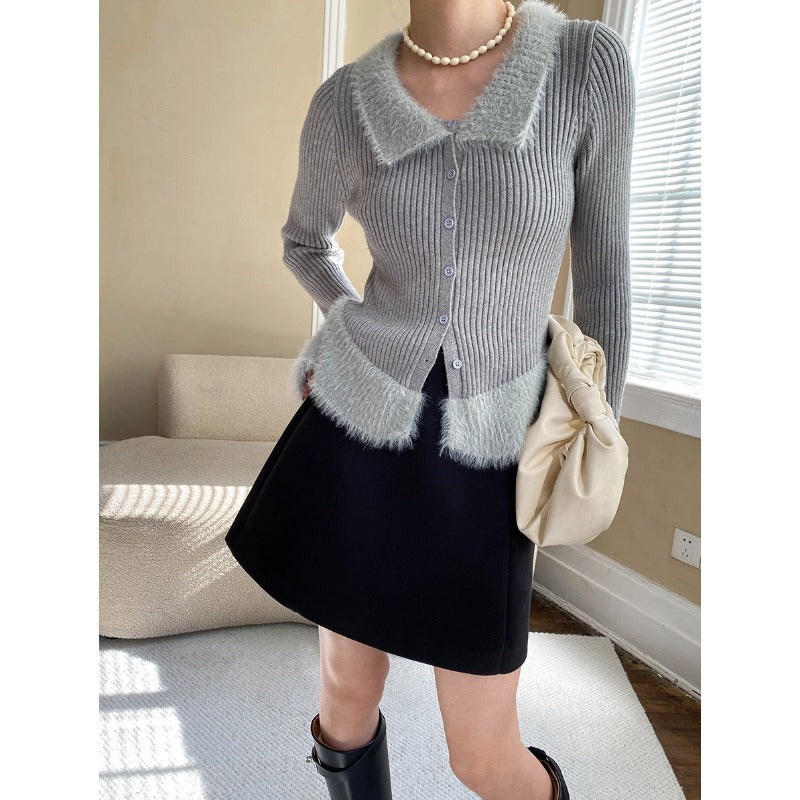 Damen gestrickte Cardigan mit seitlichen Taschen und weichem Kragen Drune